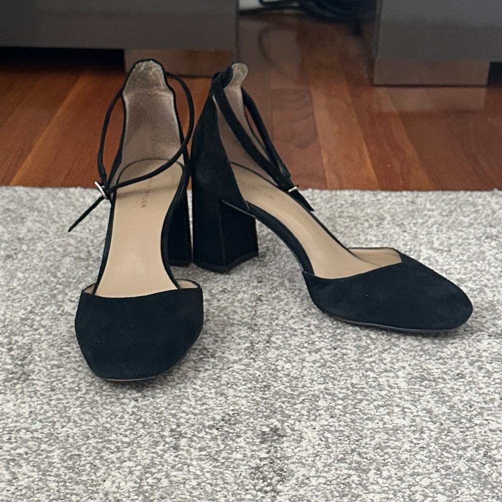 Ann Taylor Black Suede Ankle-Strap Block Heels - size 7